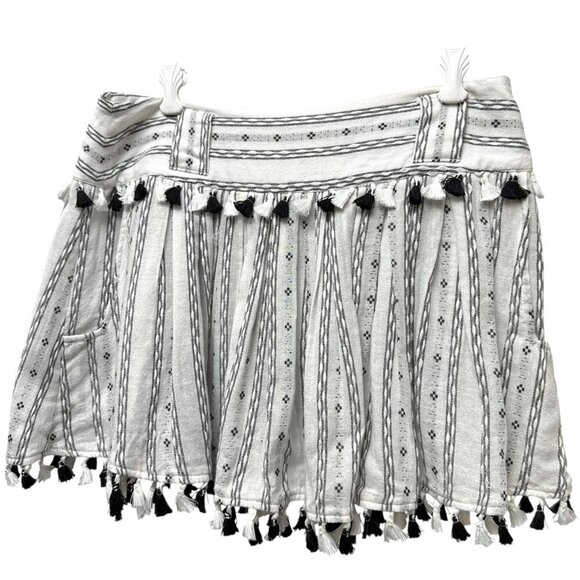 Dodo Bar Or Mini Skirt Size Medium Cotton Gauze White Black Flowy Tassels - Picture 1 of 7